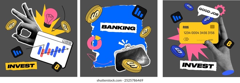 Banner contemporâneo com carteira, gráfico, moedas e cartão de crédito. Half-tone Hand possui um cartão de crédito. Gesto ok. A colagem artística retrata o crescimento dos negócios e das finanças, o trabalho em equipe e os serviços bancários on-line. Vetor