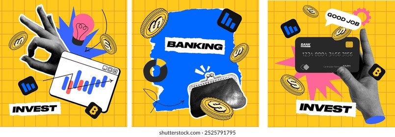 Contemporary banner with wallet, halftone hand, graph, coins, and credit card. Art Collage of business and Finance growth, teamwork, and online banking. Vector elements arrows and apps for bright back