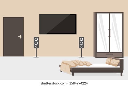 Contemporary Bedroom Furnishing Flat Vector Illustration. Modern Apartment Room With No People, Luxurious Hotel Number Interior Design. Unmade Bed And Big Television Set Hanging On Wall