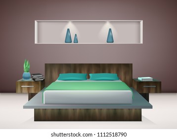 Contemporary bedroom interior with bedding in shades of emerald and aquamarine green wall decorations realistic vector illustration 