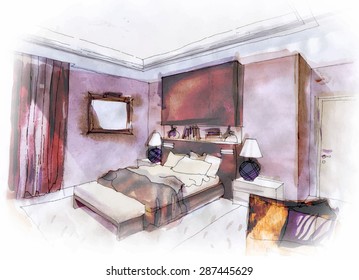 Contemporary bedroom interior doodle.
