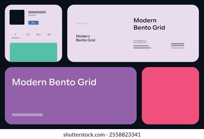 Contemporary Bento Grid Design. Modular UI UX template featuring bento-style layouts. Includes web comic-inspired grids with flexible panel configurations and varied tile sizes. Sleek and geometric.