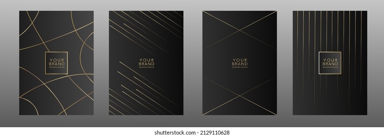 Contemporary black cover design set. Luxury dynamic gold circle line pattern. Creative premium stripe vector background for catalog, brochure template, notebook, invitation, business card, menu