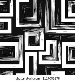 contemporary black and white painting multi square lines brush style seamless pattern