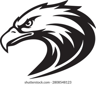 A contemporary black and white vector artwork of an eagle's head, featuring dynamic curves and an impression of swift movement.