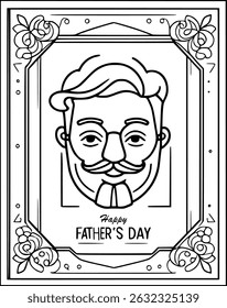 A contemporary black and white vector illustration for Father's Day, featuring a stylized man's head with a mustache and glasses, framed by an ornate border with "Happy Father's Day" text.