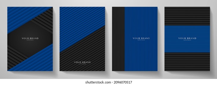 Contemporary blue and black cover design set. Maroon color dynamic line pattern (geometric stripe). Vector background for cover notebook, vertical business page, menu template