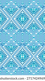 Padrão indígena azul contemporâneo, design de tecido étnico vertical sem costura.