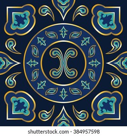 contemporary blue shape with golden border pattern on dark blue