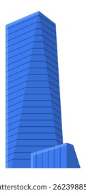 Contemporary blue skyscraper stands tall against a white backdrop, its sleek design accentuated by an adjacent, smaller structure, creating a powerful symbol of urban architecture