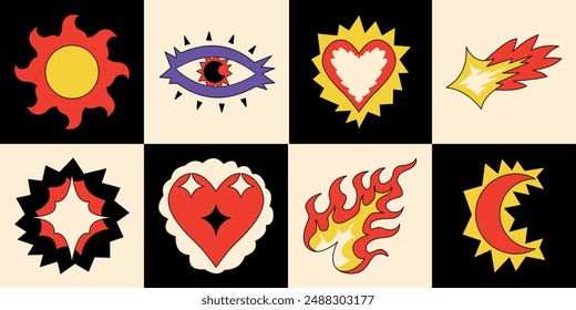 Contemporary boho celestial magic art featuring stars, hearts, and flames. Perfect for posters, cards, and stickers in black, red, white, and yellow. Unique, vibrant, and eye-catching illustration