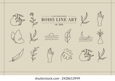 Conjunto de vectores de arte de línea boho contemporáneo