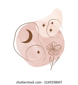 Contemporary boho minimal poster with watercolor shapes in pastel colors and curves, stars, moon, wildflower isolated on white background. Celestial mid century card. Aesthetic collage illustration.