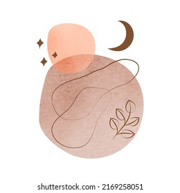 Contemporary boho minimal poster with watercolor shapes in pastel colors and curves, stars, moon, leafy branch isolated on white background. Celestial mid century card. Aesthetic collage illustration.