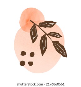 Contemporary boho minimal poster with watercolor shapes in pastel colors and leafy branch isolated on white background. Modern mid century card. Aesthetic collage illustration.