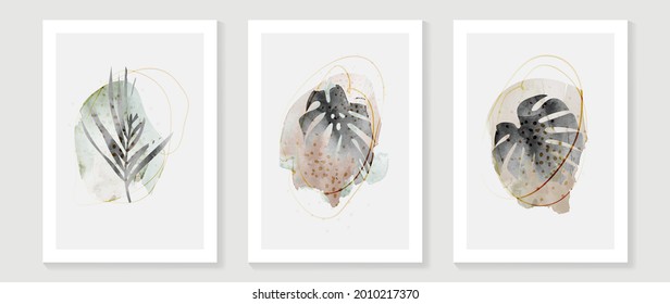 Contemporary botanical prints wall art. Golden palm and tropical leaves background vector. watercolor canvas frame design for prints and home decor.