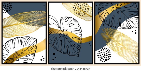 Contemporary botanical prints wall art. Golden palm and tropical leaves background vector. watercolor canvas frame design for prints and home decor.
