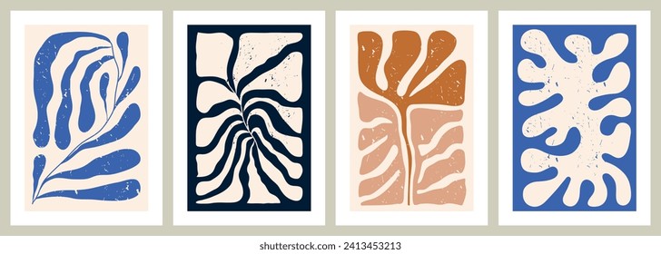 Contemporary botanical wall art set with plants, algae or organic shapes. Modern minimalist posters. Abstract floral colorful flat vector illustration for interior design.