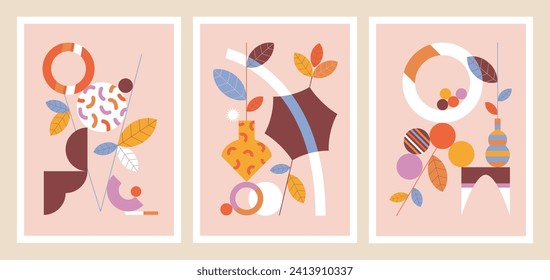 Contemporary botanical wall art set with plants and geometry. Modern minimalist cards or posters. Artworks with balance games. Abstract floral colorful flat vector illustration for interior design.