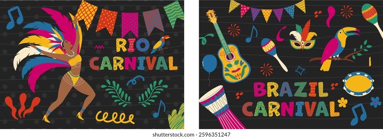 Contemporary Brazil carnival poster set. Trendy banner collection with dancing woman, flag garland, musical instrument and doodle elements