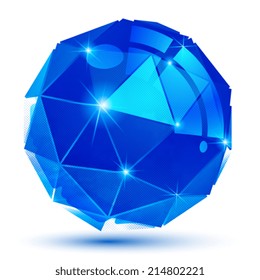 Contemporary bright 3d object isolated on white background, blue dot textured dimensional distorted template.