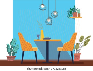 Contemporary bright scandinavian interior cafe table. Wall background. Architecture concept. Empty place. Food concept. Poster design. Retro flat illustration with scandinavian interior design. 