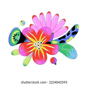 Contemporary bright vector flowers with black outline. Vibrant floral bouquet. Baloon style. Modern art. Card, cover, print on clothes, sticker