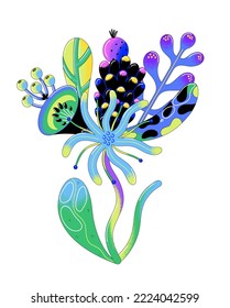 Contemporary bright vector flowers with black outline. Vibrant floral bouquet. Baloon style. Modern art. Card, cover, print on clothes, sticker