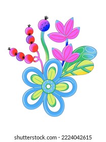 Contemporary bright vector flowers with black outline. Vibrant floral bouquet. Baloon style. Modern art. Card, cover, print on clothes, sticker