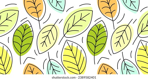 Contemporary brightly colored seamless leaf pattern in a linear style. Autumn, spring background. Summer green leaves seamless background. Vector floral wallpaper, botanical design for fabric