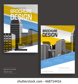 Contemporary brochure template design with city landscape and geometric elements