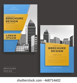 Contemporary brochure template design with city landscape and geometric elements