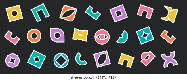 Contemporary brutalism sticker element design set, basic decorative y2k symbol illustration for poster and pattern, abstract simple brutal shape vector, minimal futuristic funky figure graphic.