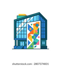 A contemporary building features a striking geometric art piece on its exterior, combining architectural design with vibrant visual elements.