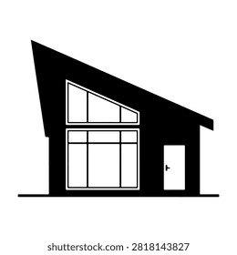 Contemporary building featuring a distinctive sloped roof and large glass windows, showcasing innovative architectural style.