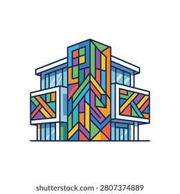 A contemporary building featuring a striking facade adorned with vibrant, abstract geometric patterns in various colors.