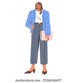 Contemporary businesswoman illustration. Professional female in a stylish outfit ready for work. Confidence, elegance, and modern workplace fashion. Vector illustration.