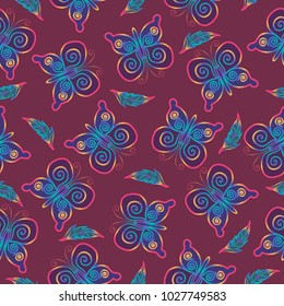 contemporary butterfly and leaf seamless pattern on dark pink