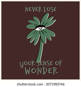 Contemporary card, banner design. Traditional Irish Luck catcher, Four-leaves clover plant with eye and the text Never loose your sense of wonder. Inspirational, motivational concept.