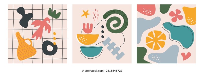 Contemporary cards set with modern abstract nature elements, organic geometric shapes or naive art forms. Poster with hand drawn simple freeform, liquid blobs, irregular objects or deformed figures