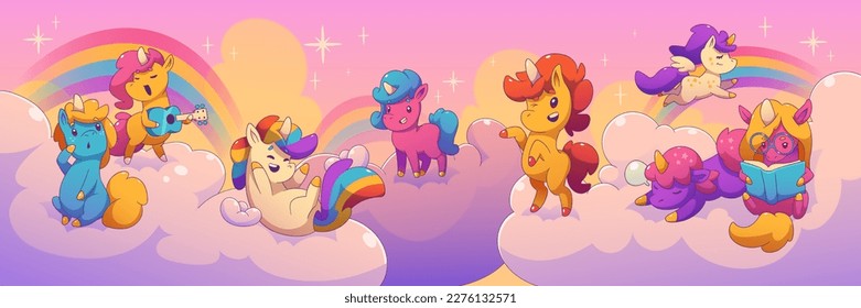 Contemporary cartoon set of cute rainbow unicorns on sky background. Vector illustration of pony characters with horn singing, playing guitar, reading book, sleeping, smiling, jumping on clouds