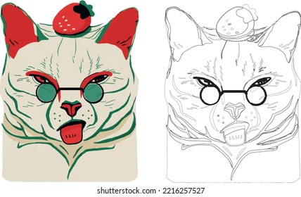 Contemporary cat illustration risoart vibrant cat funky cute cat bad cat face animal with tongue out and strawberry