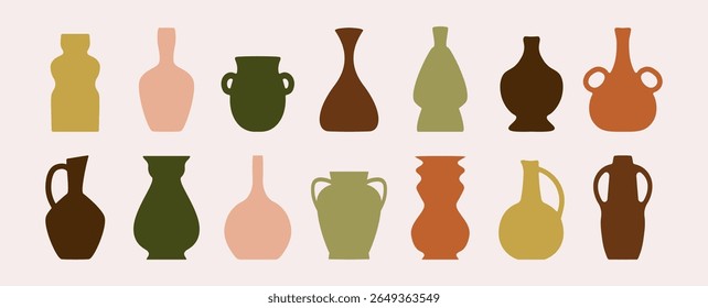 Vasos cerâmicos contemporâneos. Artéria de argila artística com formas abstratas, vasos decorativos modernos para o interior de casa. Conjunto plano vetorial.