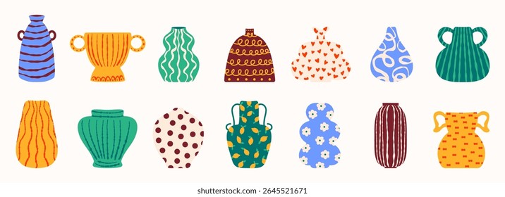 Contemporary ceramic vases. Modern clay pottery vessel, decorative urns pottery jar pitcher, creative porcelain objects. Vector isolated set