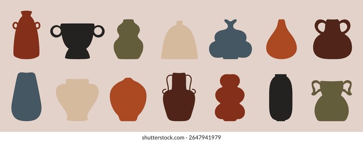 Contemporary ceramic vases. Modern clay pottery vessel, decorative urns jar pitcher, creative antique ancient porcelain ceramics. Vector isolated set.