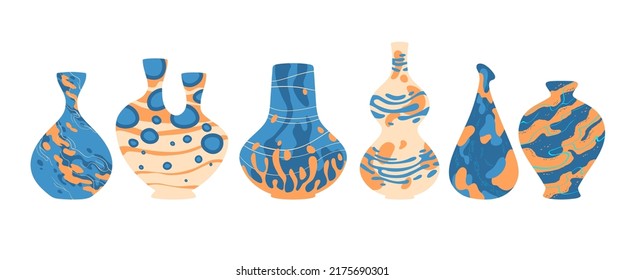 Contemporary ceramic vases, modern jugs, pots. Home decoration, porcelain pottery with colorful paintings. Decorative elements, collection for interior design, Cartoon vector illustration, icons set