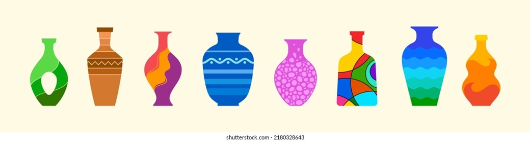 Jarrones de cerámica contemporánea, jarras modernas, macetas. Elementos decorativos, colección de decoración. Decoración casera, cerámica de porcelana con cuadros coloridos. Ilustración vectorial de dibujos animados, conjunto de iconos