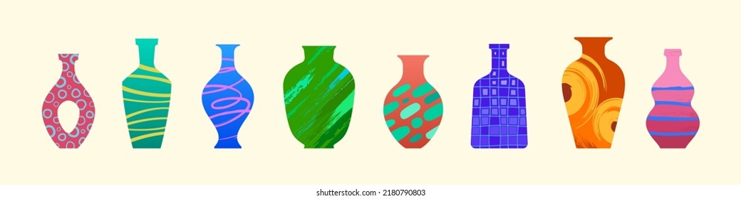 Contemporary ceramic vases, modern jugs, pots. Decorative elements, collection for interior design. Home decoration, porcelain pottery with colorful paintings. Cartoon vector illustration, icons set