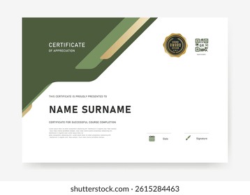 Contemporary certificate template featuring bold geometric corners, QR code for verification, and gold award badge. Ideal for course completion, appreciation, or professional recognition.
