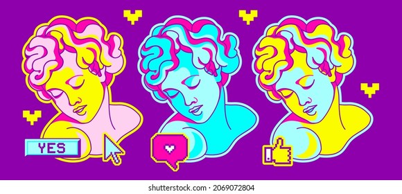 Contemporary character fluorescent girl,  nostalgia user interface elements. Illustration for tee, t-shirt print, sticker in 90's style in fun hipster style.Old computer aesthetic collage, vivid color